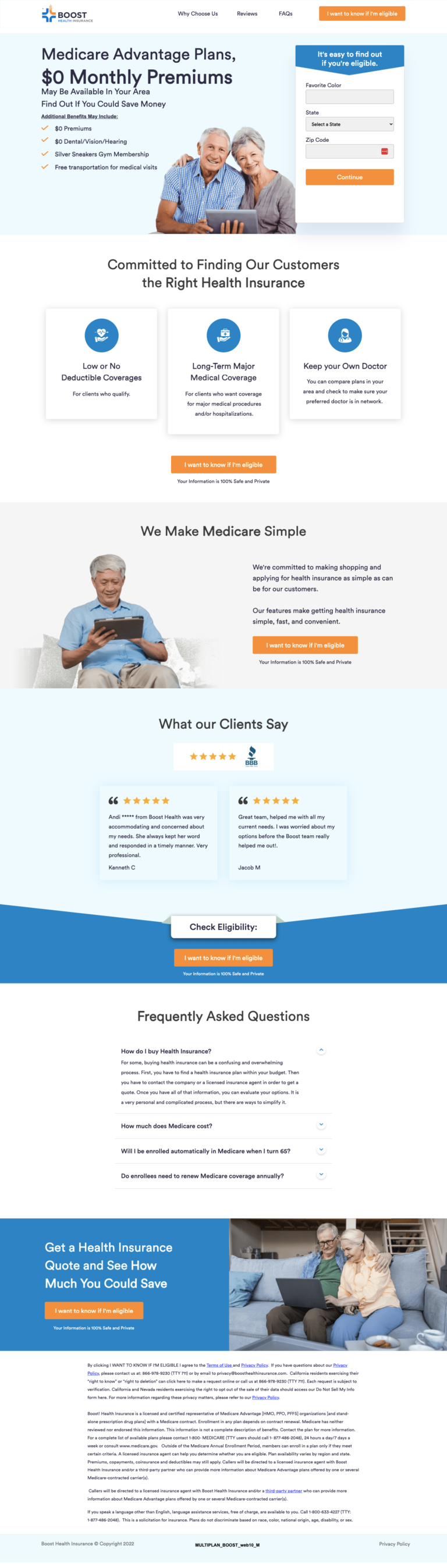 Boost Health Insurance Medicare Advantage plans lead generation landing page built in Unbounce by Apexure