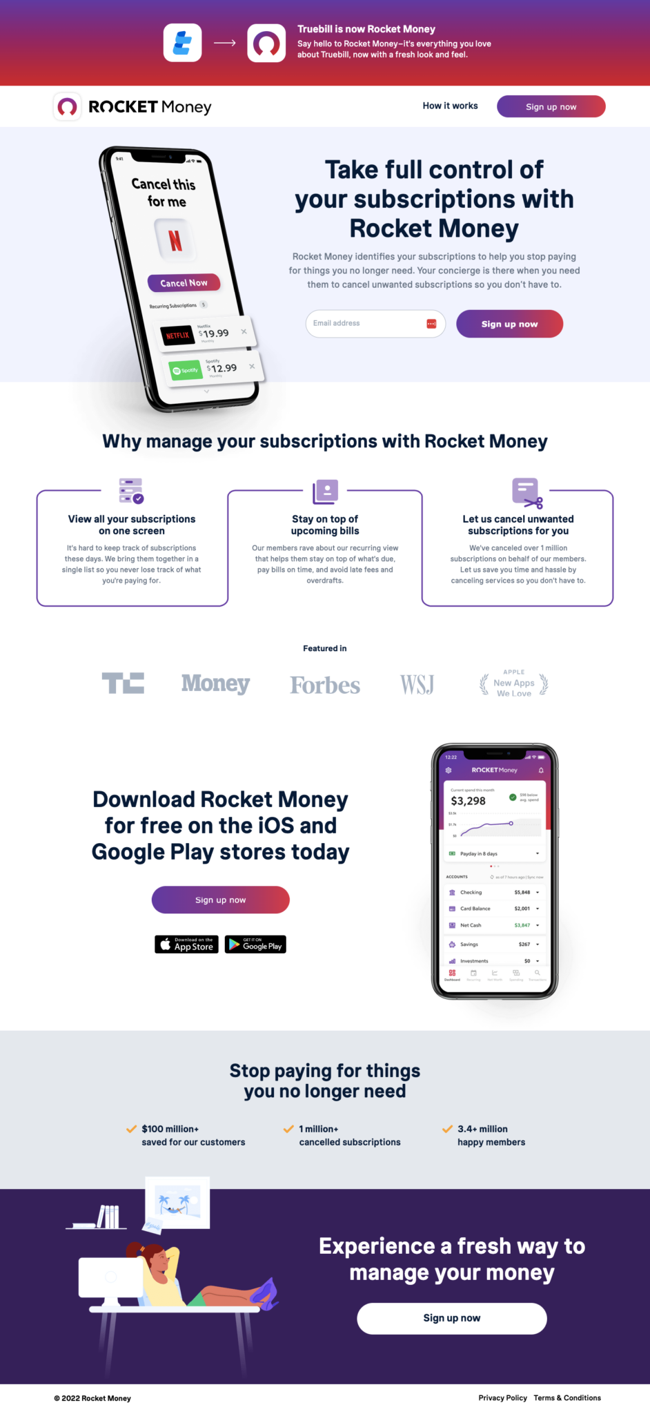 Rocket Money fintech subscription management app landing page with stats and media logos