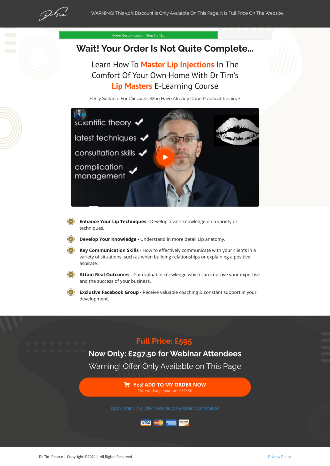 Dr. Tim Lip Masters clinical e-learning upsell landing page designed by Apexure