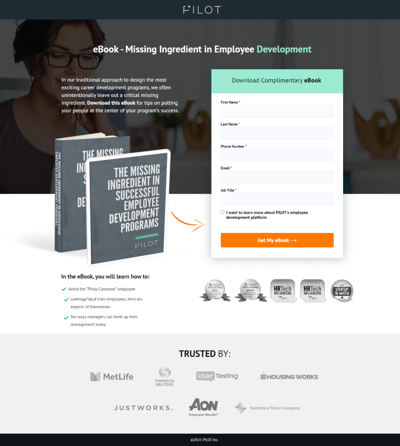 Pilot Coach employee development eBook squeeze page by Apexure