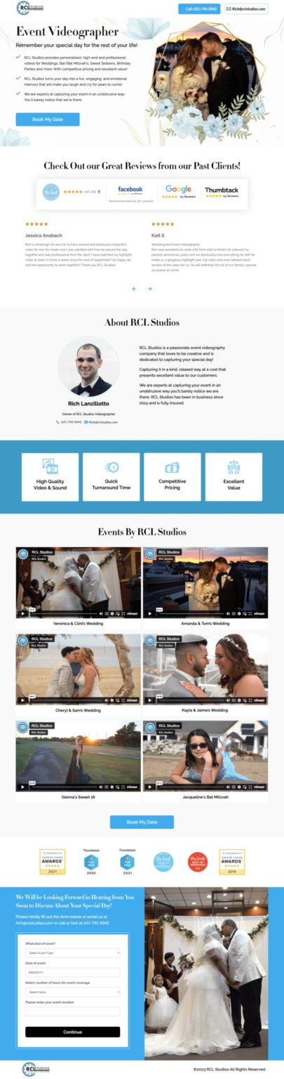 RCL Studios event videography lead generation landing page by Apexure