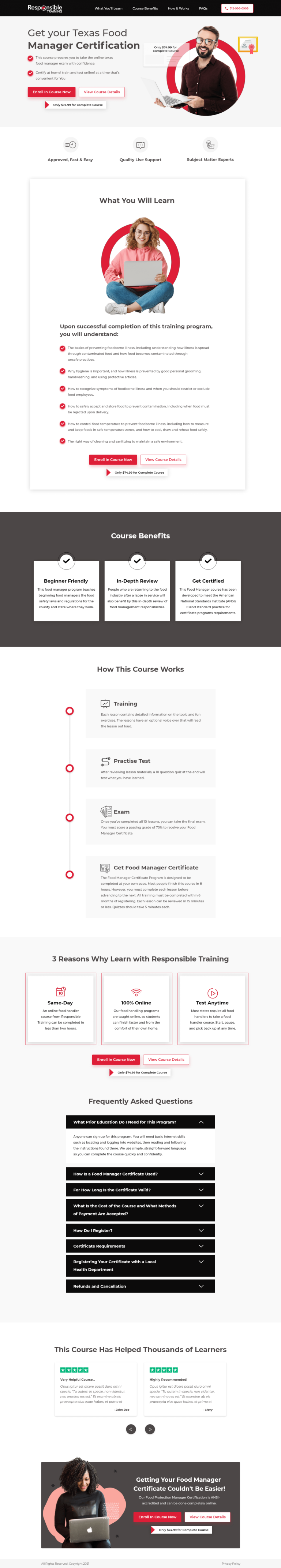 Responsible Training food manager certificate course landing page