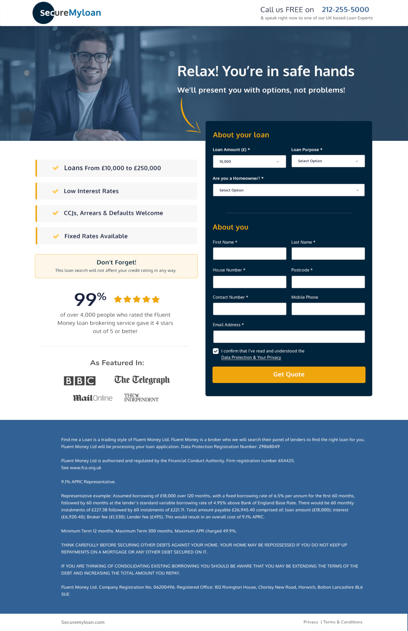 Secure My Loan FCA-authorised secured loan quote landing page with media logos