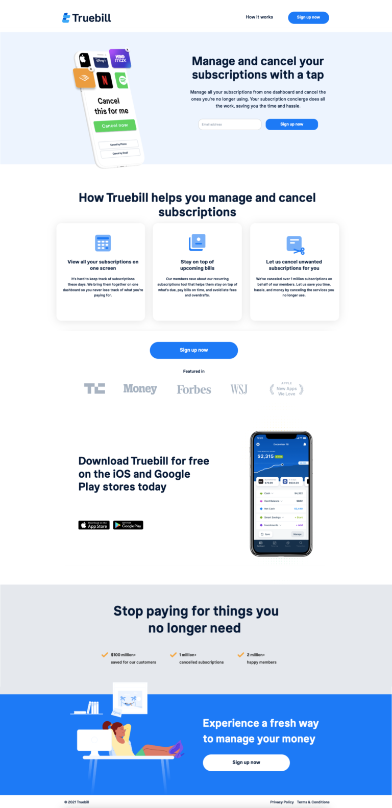 Truebill subscription management app landing page design by Apexure