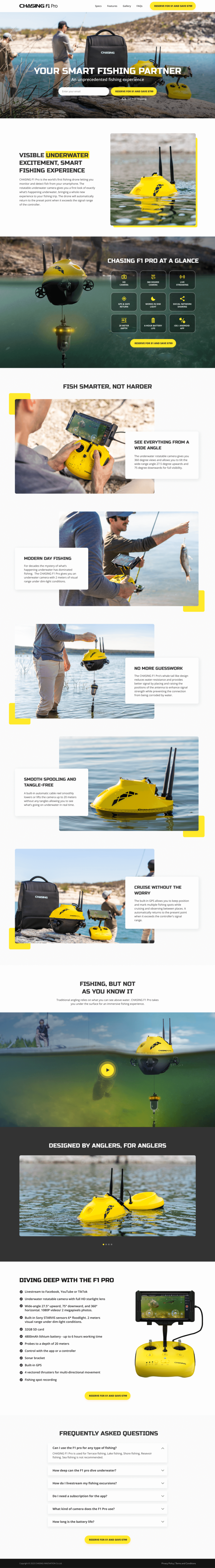 Chasing F1 Pro smart underwater fishing drone product page designed by Apexure