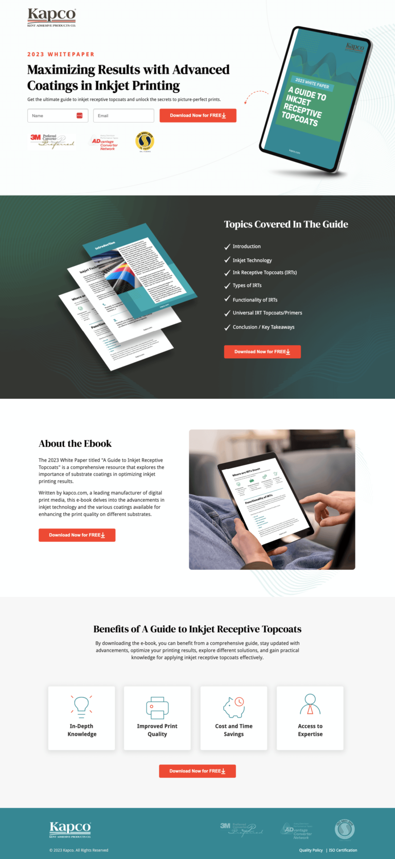 Kapco inkjet receptive topcoats whitepaper landing page by Apexure