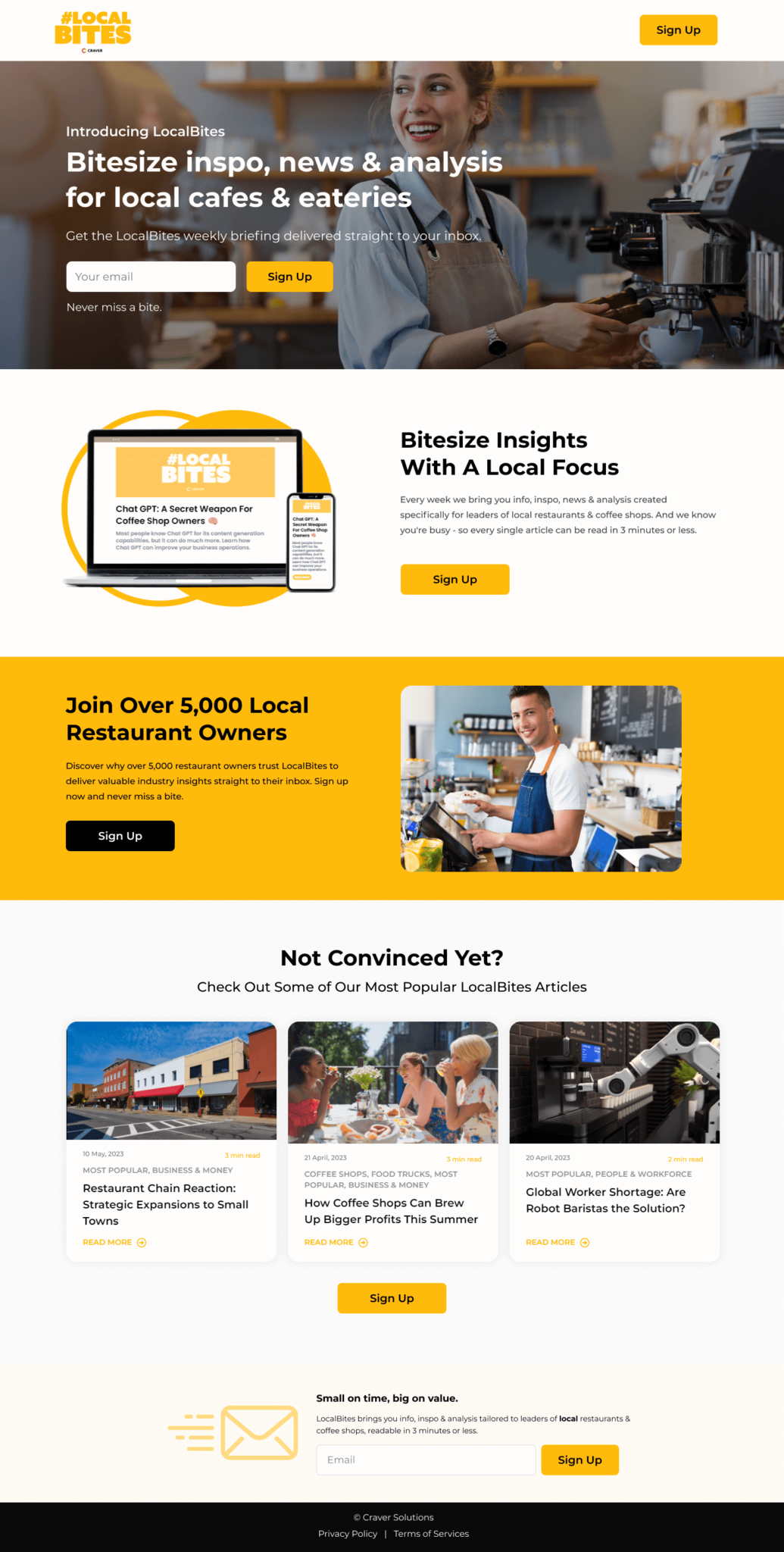 LocalBites restaurant industry newsletter sign-up landing page by Apexure