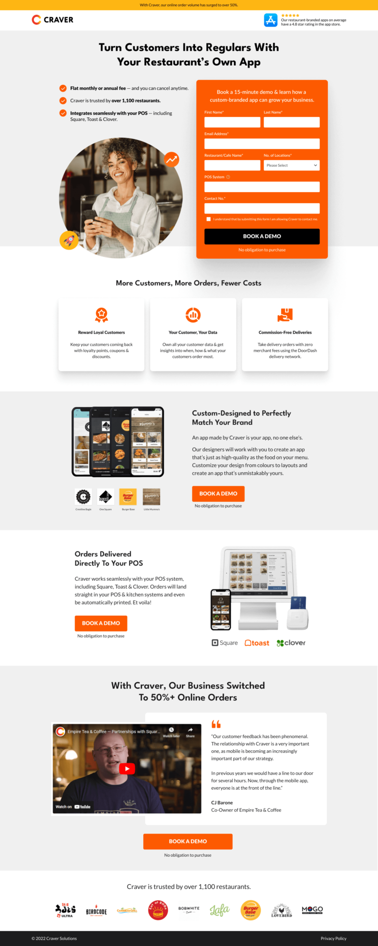 Craver restaurant SaaS lead generation landing page designed by Apexure