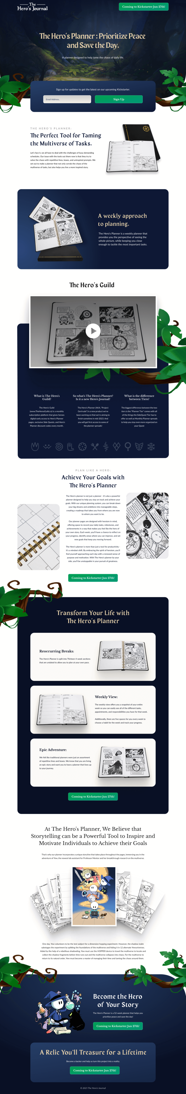 The Hero's Journal Kickstarter pre-launch landing page design by Apexure