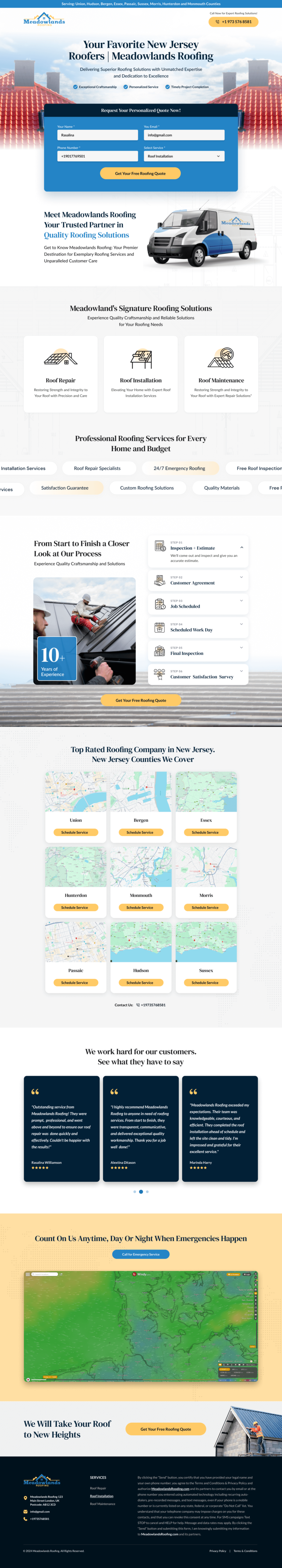 Meadowland Roofing New Jersey lead generation landing page by Apexure