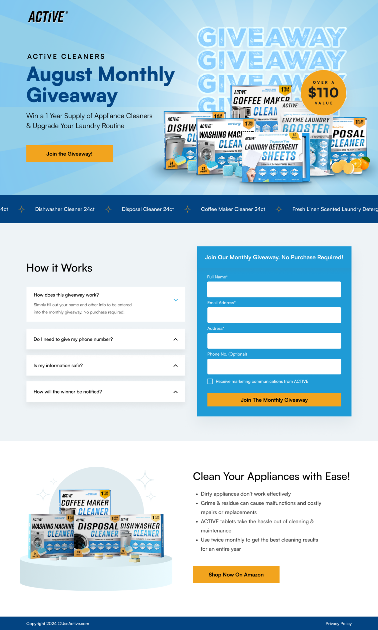 ACTIVE Cleaners monthly giveaway landing page design by Apexure