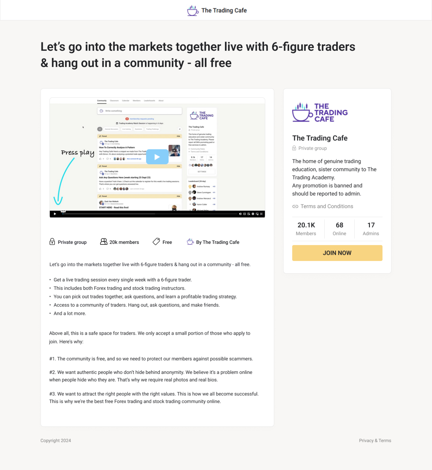 The Trading Cafe free trading community landing page design by Apexure