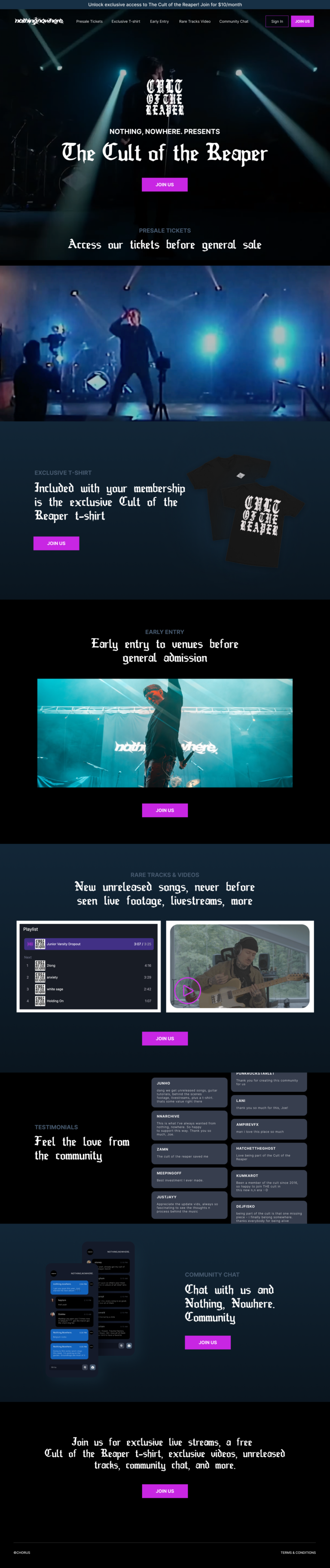 Nothing Nowhere Cult of the Reaper fan membership landing page by Apexure