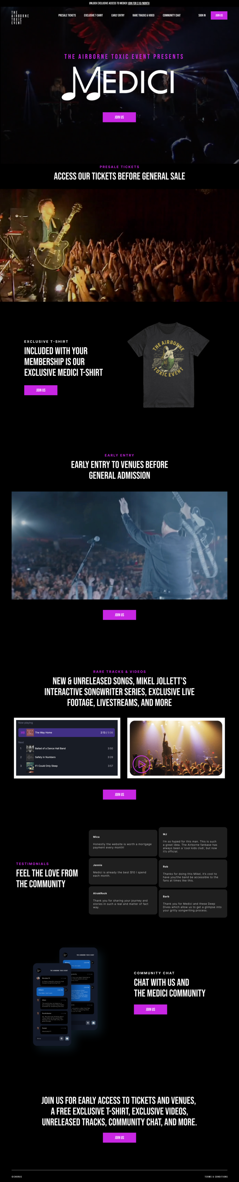 The Airborne Toxic Event Medici fan membership landing page design by Apexure