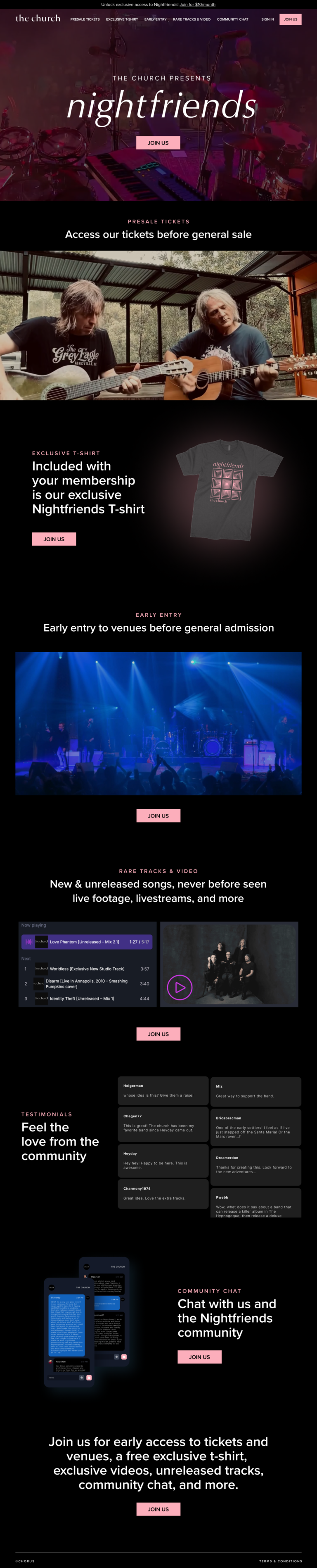 The Church Nightfriends fan membership landing page design by Apexure