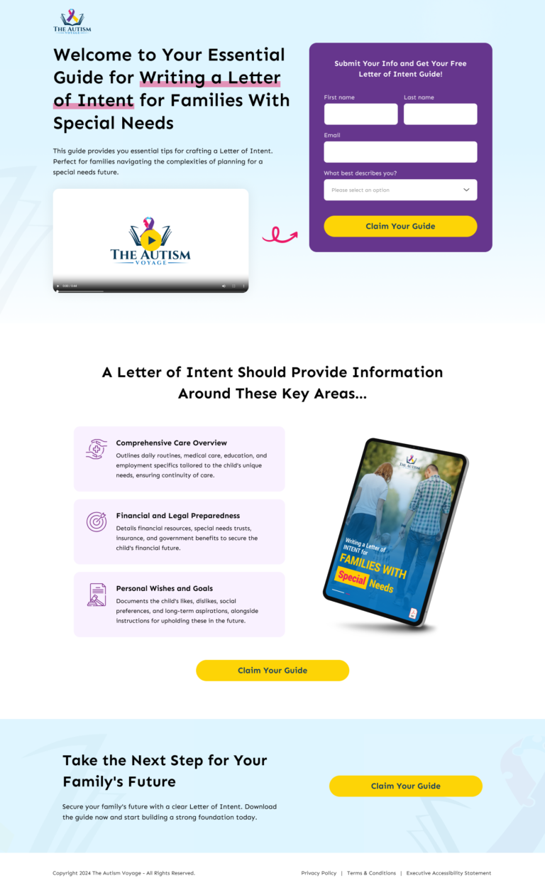 The Autism Voyage Letter of Intent guide lead magnet landing page design by Apexure