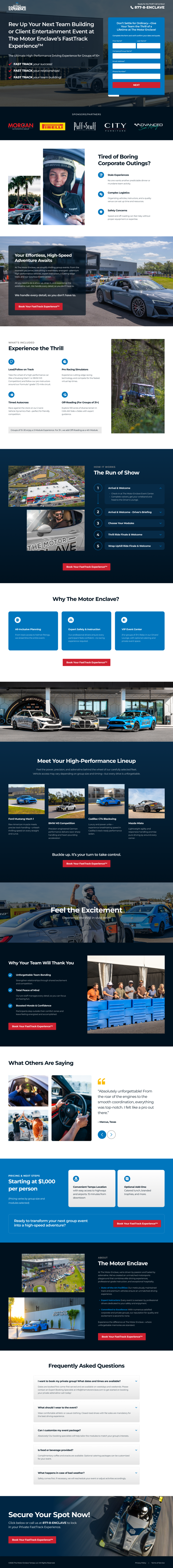 The Motor Enclave high-performance driving corporate events landing page design by Apexure