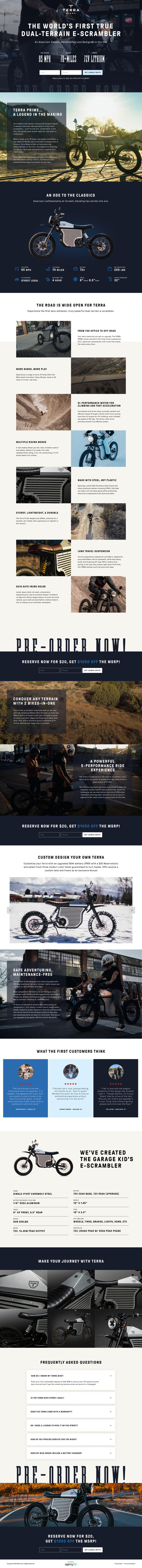 Terra Bikes dual-terrain e-scrambler pre-launch landing page design by Apexure