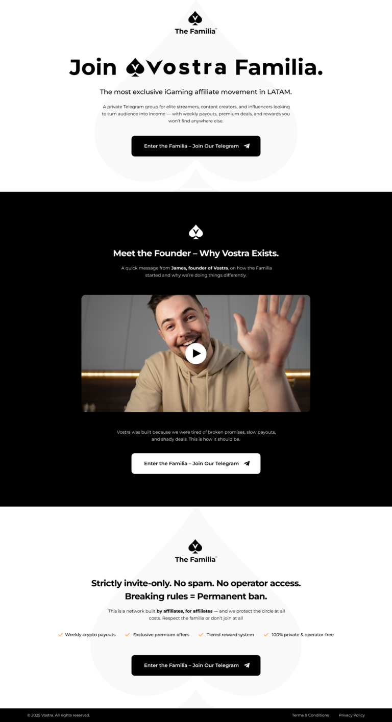 Vostra Familia iGaming affiliate community pre-launch landing page design by Apexure