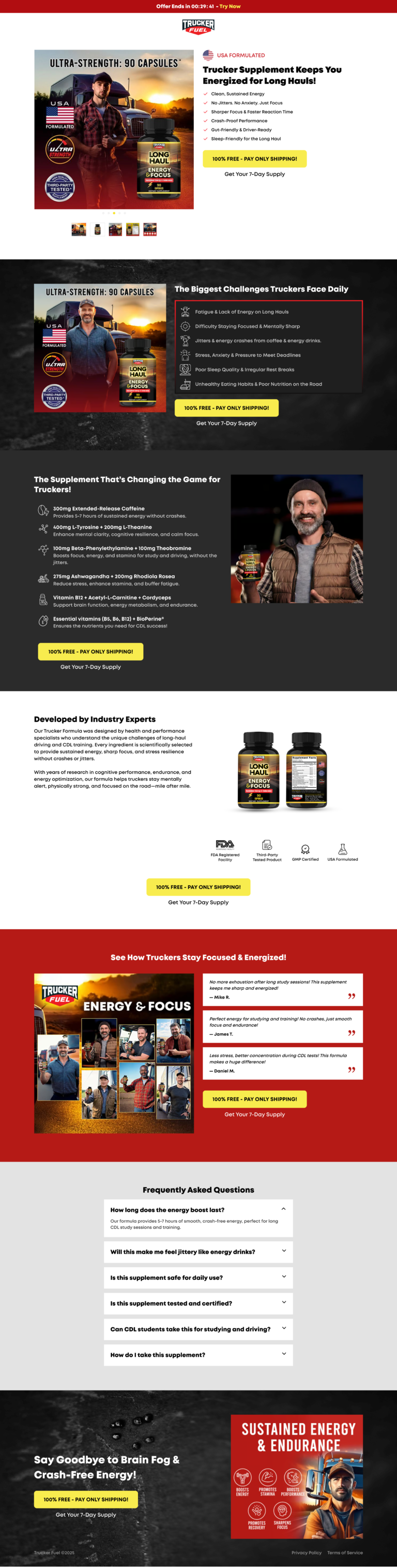 Trucker Fuel Long Haul Energy Focus supplement product page design by Apexure