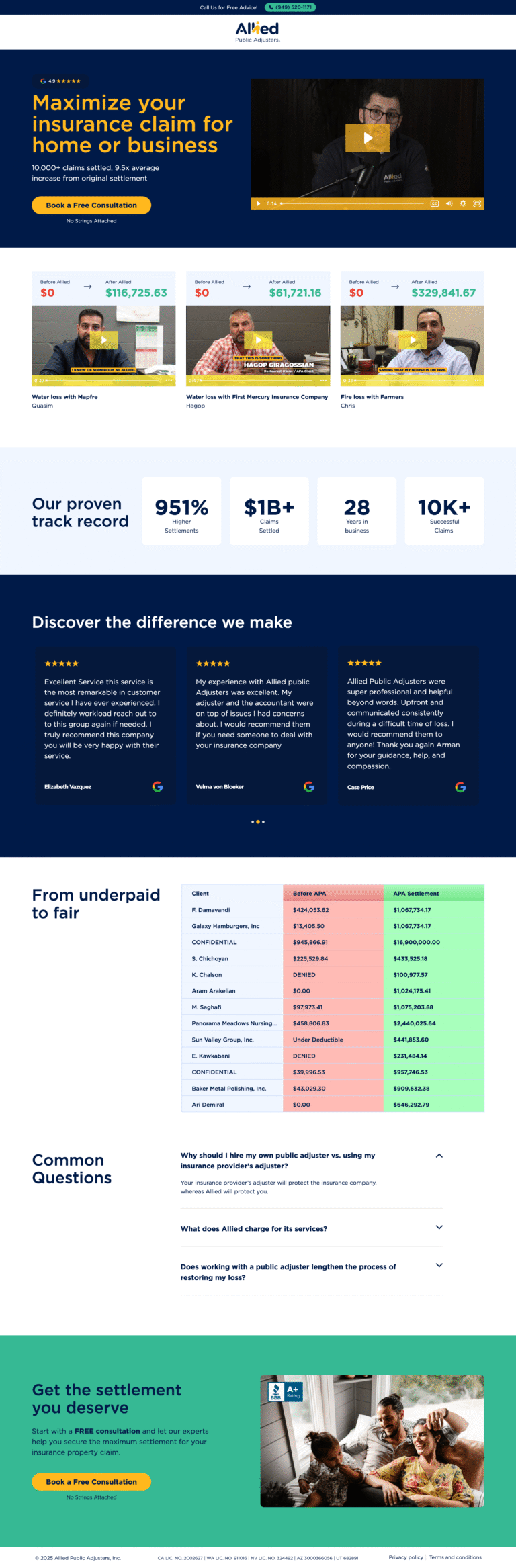 Allied Public Adjusters insurance lead generation page built in Unbounce by Apexure