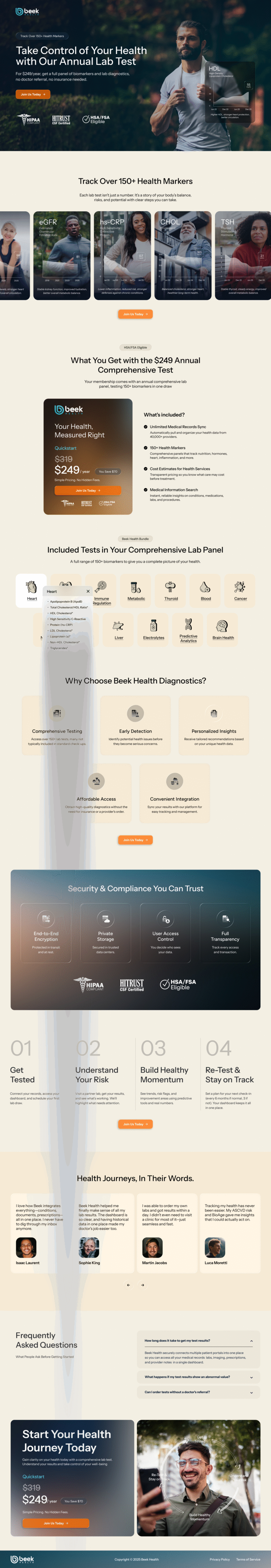 Beek Health $249 annual lab test direct-to-consumer healthcare sales landing page designed by Apexure