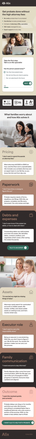 Alix flat-fee probate B2C legal services lead generation landing page designed by Apexure
