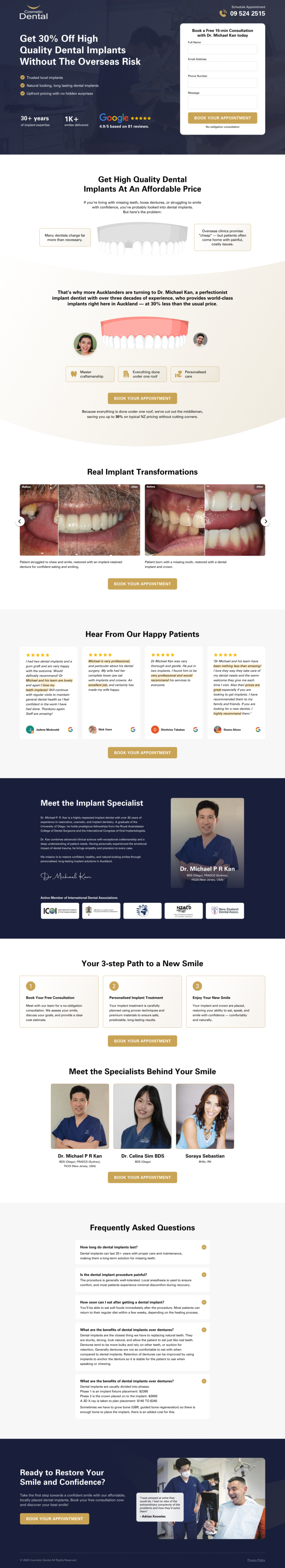 Cosmetic Dental Auckland implant clinic lead generation landing page designed by Apexure